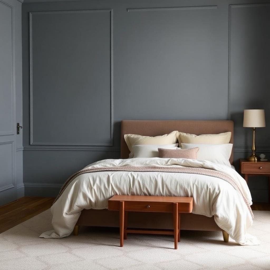 Muted blue-gray bedroom with cream linens