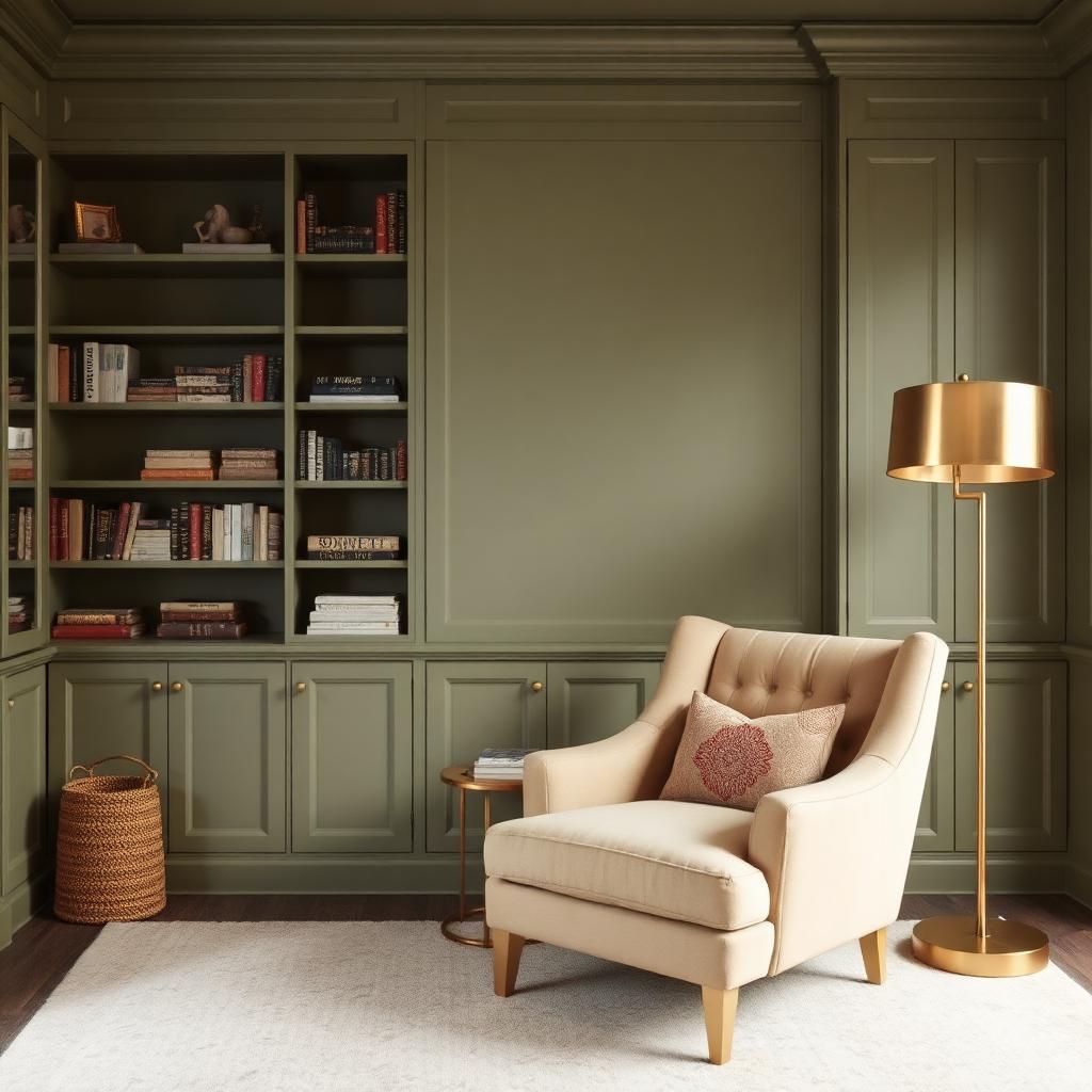 Sage built-in cabinetry with reading nook