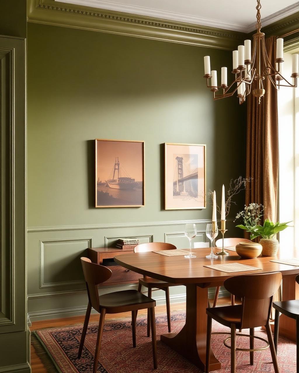 Olive green dining room with brass chandelier