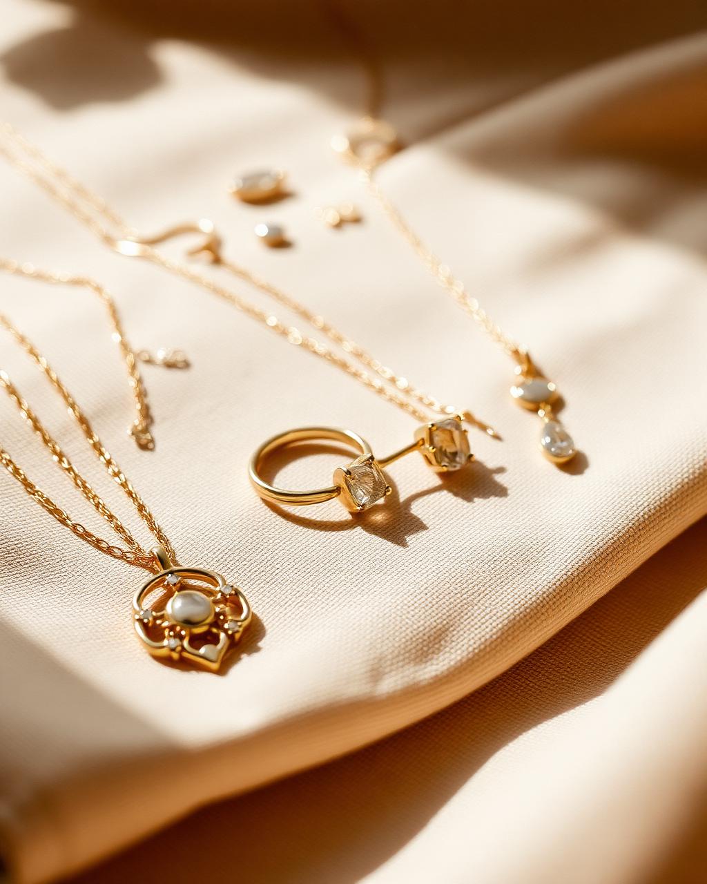 Handcrafted gold jewelry on linen