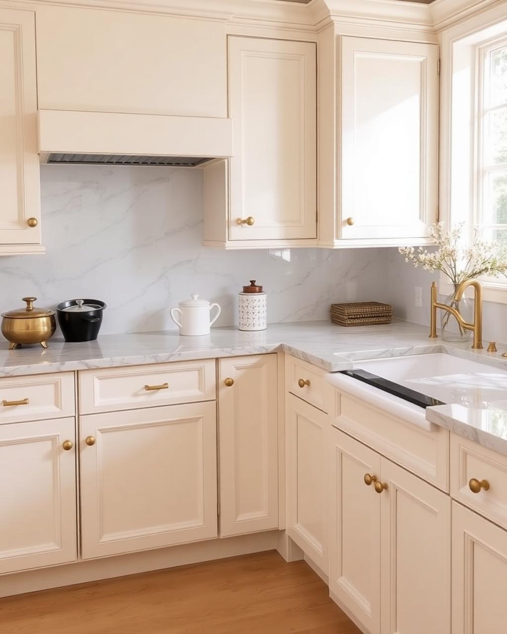 Cream cabinet kitchen with marble counters
